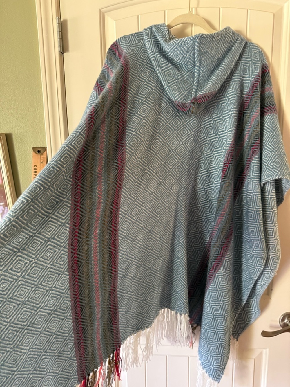 Oscatex Alpaca Knit Hooded Poncho in Light Blue with Multicolor Accents - Picture 6 of 9